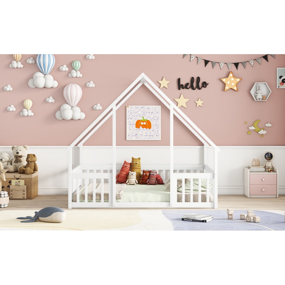 Full Wood House-Shaped Floor Bed with Fence, Guardrails,White