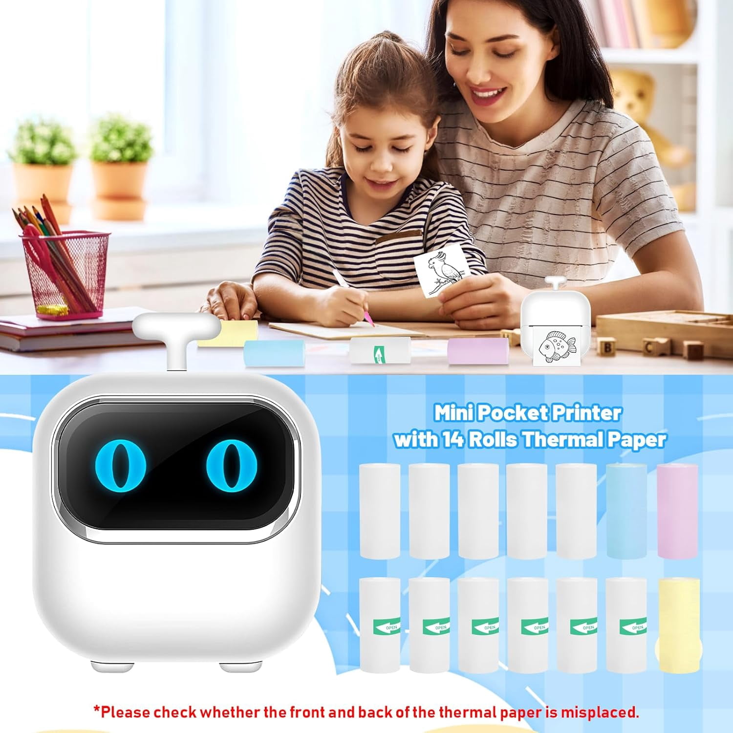 Wiher Mini Thermal Printer, Small Bluetooth Printer for IOS & Android Phone, Pocket Study Printer with AI Painting Function &13 Rolls Paper for Photo Journal Notes Wiher Memo(White)