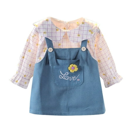 

Girl Dresss New Denim Straps Bucolic Flower Print Long Sleeve Pocket Fashion Princess A Line Dress Suit Baby Girl Clothes