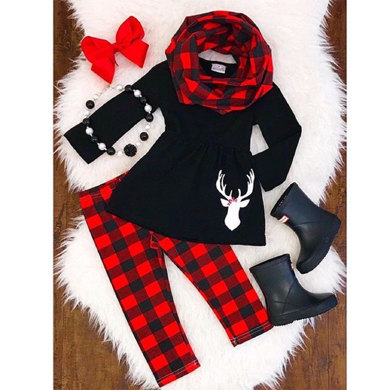 Toddler Infant Baby Girls Plaid Tops T Shirt Pants Leggings Kids Clothes Outfits