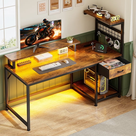 EnHomee 47.2" W Computer Desk with Power Outlets and LED Lights, Rustic Brown Gaming Desk with Drawers, Home Office Desk with Monitor Stand