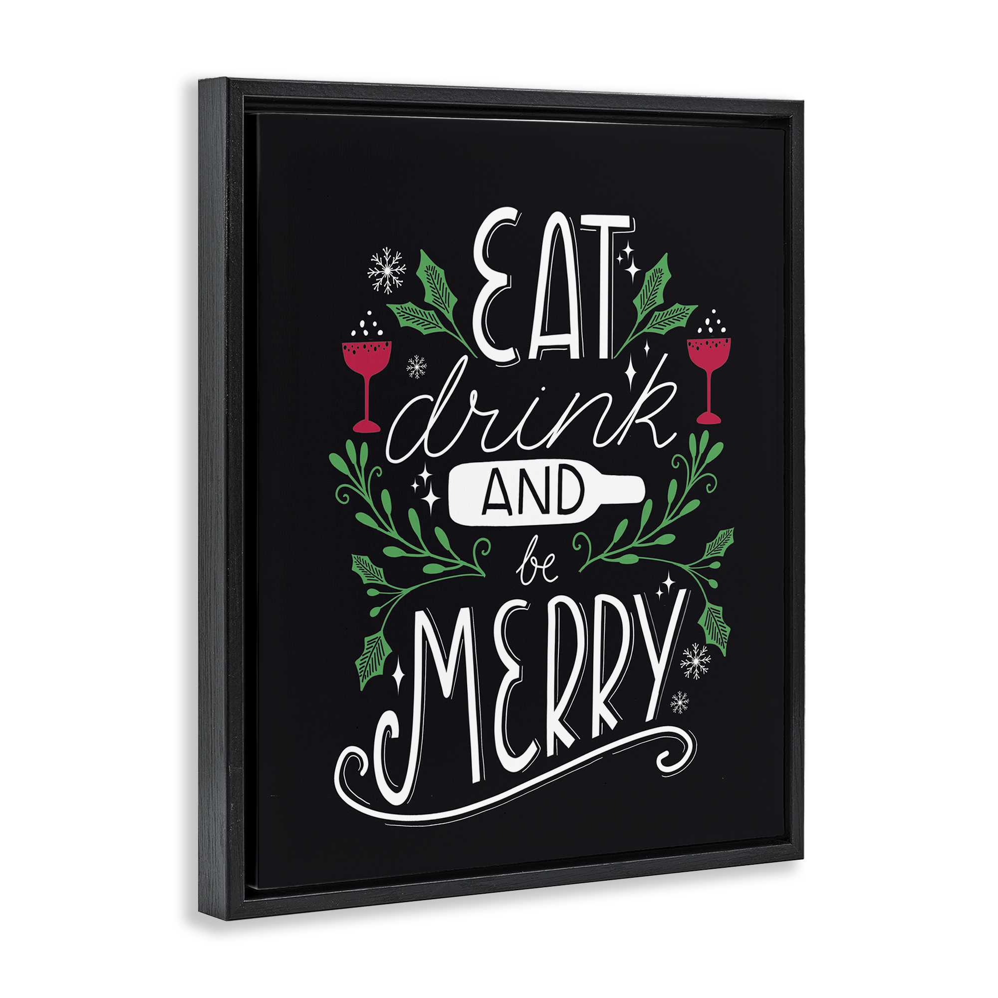 Stupell Industries Eat Drink and Merry Xmas Holiday Painting Black Floater Framed Canvas Art Prints Wall Art, 17 x 21