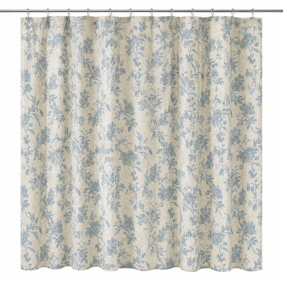 Blue Shower Curtain Floral Cotton Linen Cottagecore Shower Curtain for Bathroom 72" W x 72" L