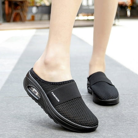 

Xiaoffenn Bedroom Slippers Women Christmas Slippers Womem s Platform Lightweight Hollow Half Slippers Mesh Round Head Sandals Clearance