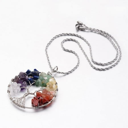 3pcs Tree of Life Mixed Stone Big Pendants Necklaces with 304 Stainless Steel Chain 19.6 inch