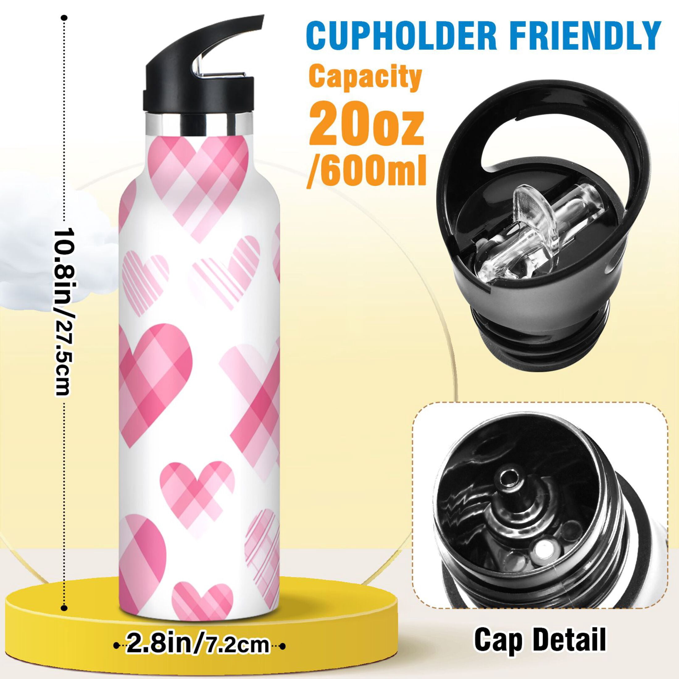 Kids Insulated Stainless Steel Sports Water Bottle 600ml (20oz), BPA-Free Seamless Pink Heart Pattern