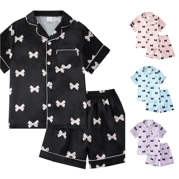 XIYON Girls Pajamas Set Bow Satin Sleepwear Short Sleeve Jammies For Kids Button Up Nightwear For Kids Comfortable Loungewear 4-5Years
