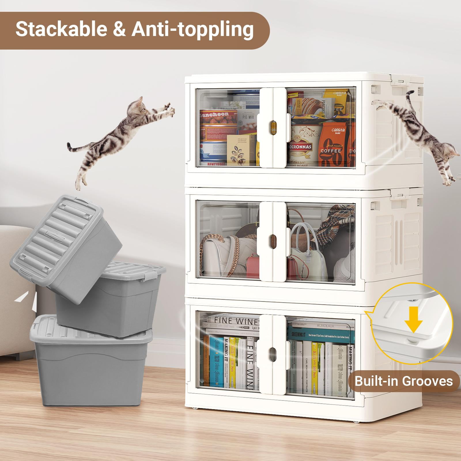 BROVIEW 460 QT Stackable Collapsible Storage Bins with Individual Lids, Wheels & Doors, Large Plastic Latching Boxes Closet Organizers and Storage Cabinet Shelves, for Home, Office, 4-Pack, White