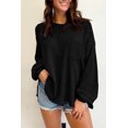 thumbnail image 1 of Women's Black Exposed Seam Patchwork Bubble Sleeve Waffle Knit Top, 1 of 5
