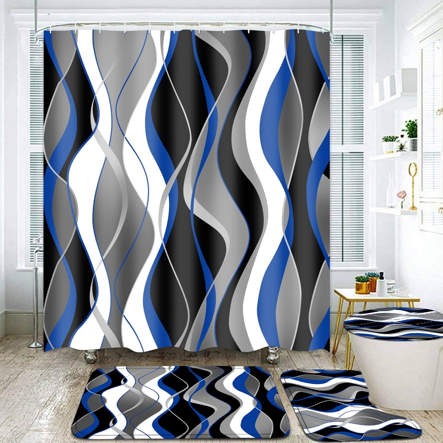 4 Pcs Blue Shower Curtain Black Bathroom Sets with and Rugs Grey Modern Striped Set White Decor Toilet Lid Cover Hooks