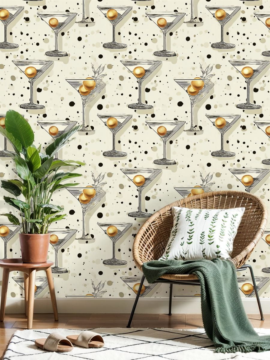 Peel and Stick Wallpaper Elegant Martini Glasses Golden Garnish Abstract Dot Wall Mural 23.6in x 9.8ft Self Adhesive Removable Wall Paper Renter Friendly Wallpaper for Nursery Bedroom Cabinets