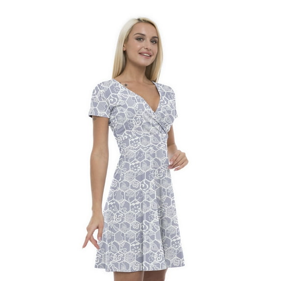 Women’s A Line Mauve and White Summer Dress, Retro Triangle Arrangement, Cross Wrap V Neck, 6 Sizes, by Ambesonne