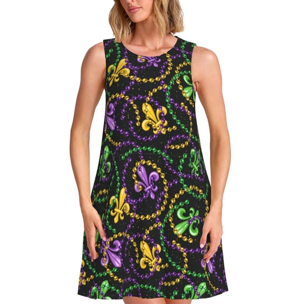 Fotbe Mardi Gras6 Vestido de Verano sin Mangas para Mujer – Vestido Midi Línea A, Estilo Camiseta Floral, Vestido Playero Casual y Fluido