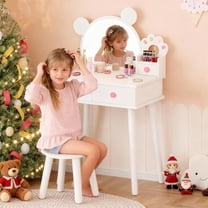 Garvee Kids Vanity Set with Lights, Girls Princess Bear-Shaped Make Up Vanity Desk with Mirro&Stool, Toddler Make Up Table Set for Bedroom, White