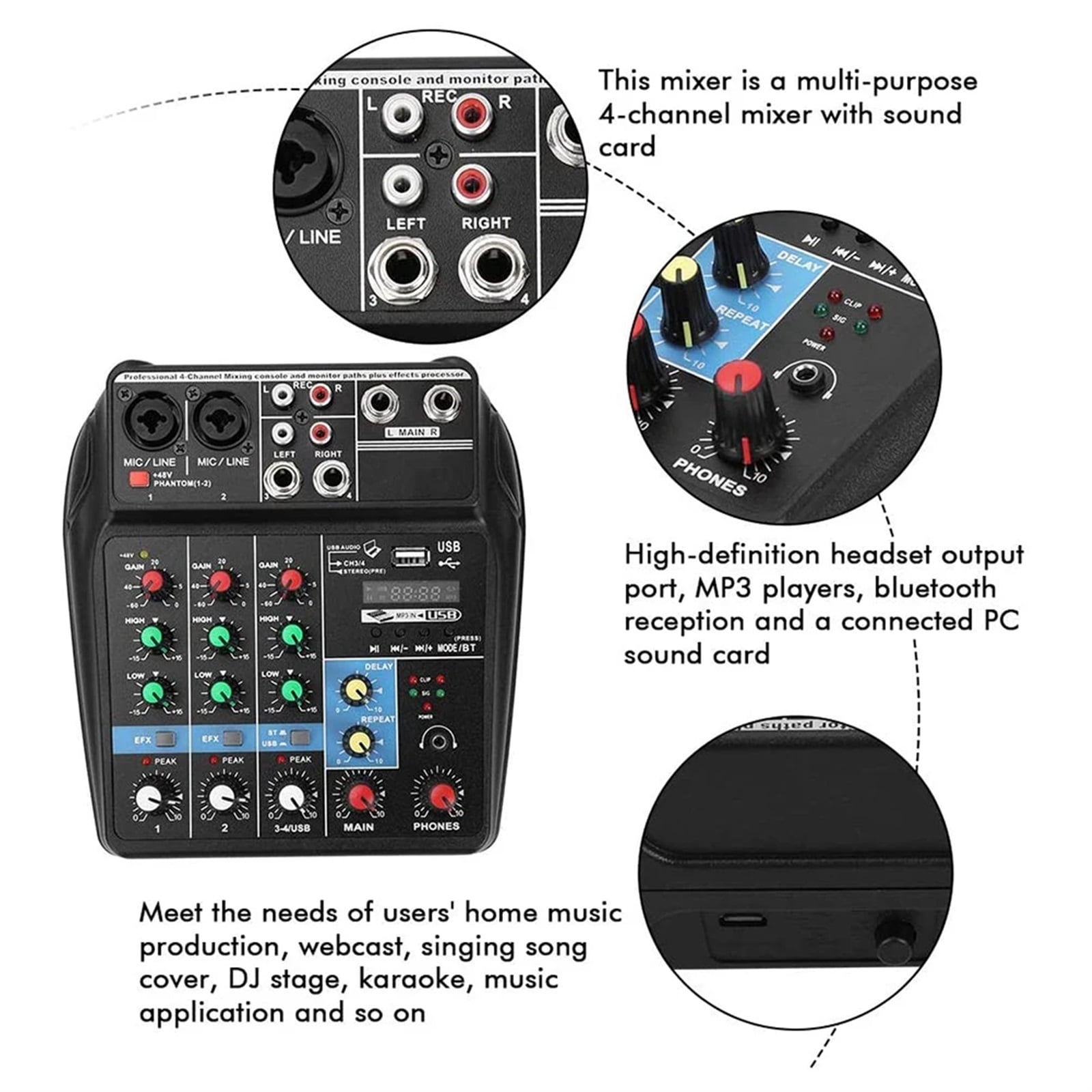 4 Channel Audio Sound Mixer Portable Mini Mixing DJ Console Bluetooth-compatible ,Precision Control