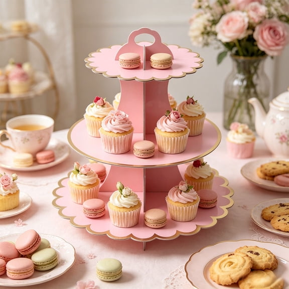 BiFandian 3-Tier Cardboard Cupcake Stand, Scalloped Edge Disposable Dessert Holder with Carry Handle, Foldable Pastry Display Tray for Birthday Tea Party Wedding and Holiday Snack Serving