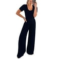 thumbnail image 3 of Riforla Womens Summer Short Sleeve Jumpsuits High Waist Low Cut Casual Scoop Neck Fit and Flare Long Pants Rompers Jumpsuits for Women Navy S, 3 of 7