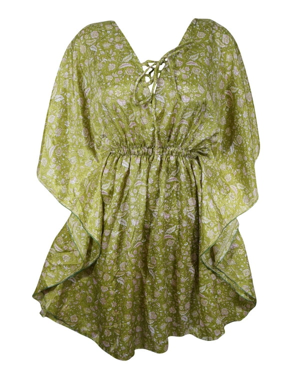 Mogul Womens Summer Caftan Green Floral Printed Kaftan M-XL