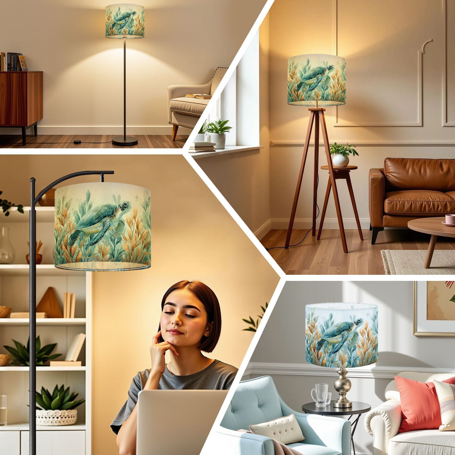 Linen Drum Lampshades Sea Turtle Teal Coral Seaweed Bubbles Ocean Watercolor Hand Painted 13"x13"x10" Light Shade for Table Lamps Floor Lamp Shades Lampshade Replacement Assembly Required