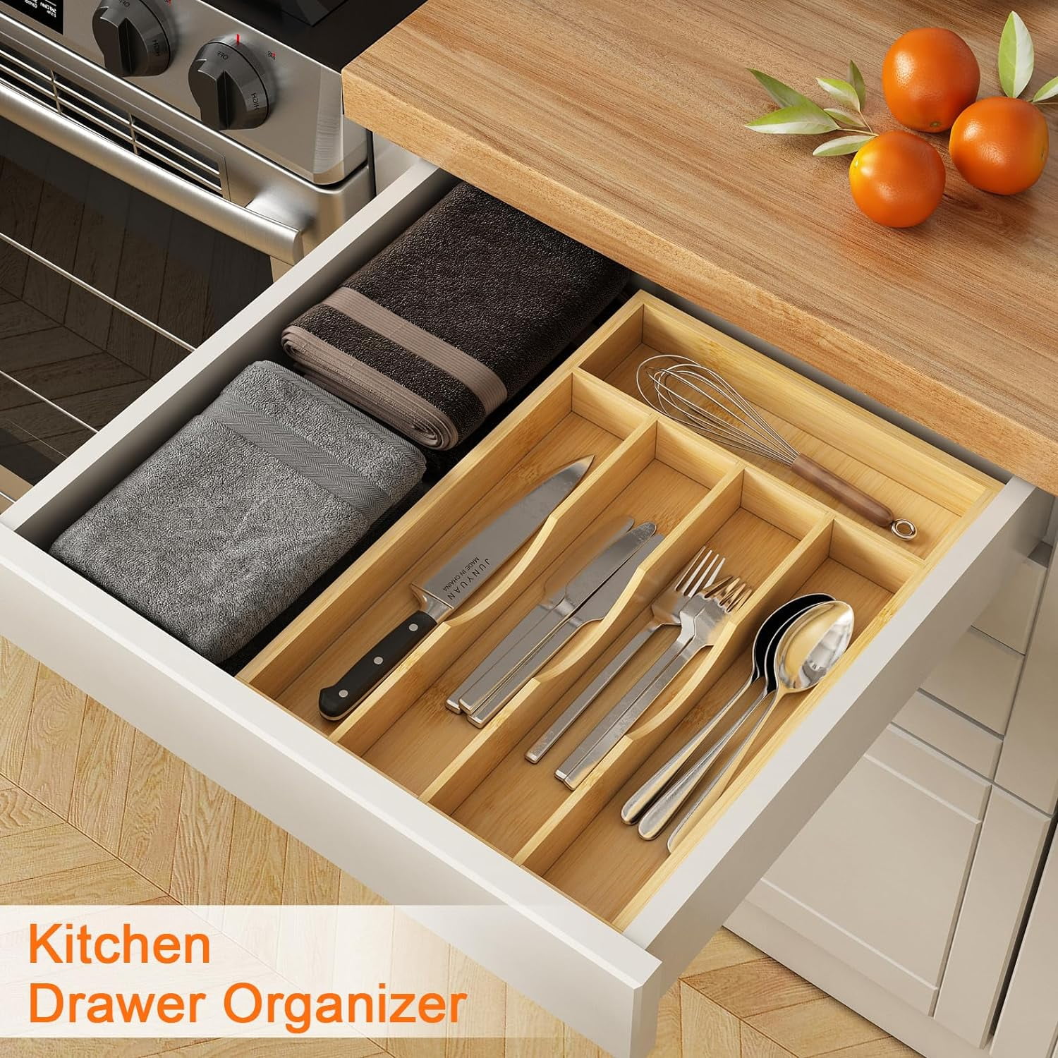 Bamboo Utensil Organizer for Kitchen Drawers, Utensil Tray and Cutlery Silverware Holder,Wood Drawer Dividers with 5 Slots，2 pack