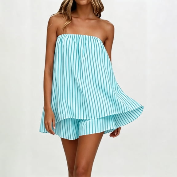 Uootdi Short Sets for Women Summer Strapless Striped Print Top High Waist Layered Casual Shorts Beach Vacation Matching Outfits