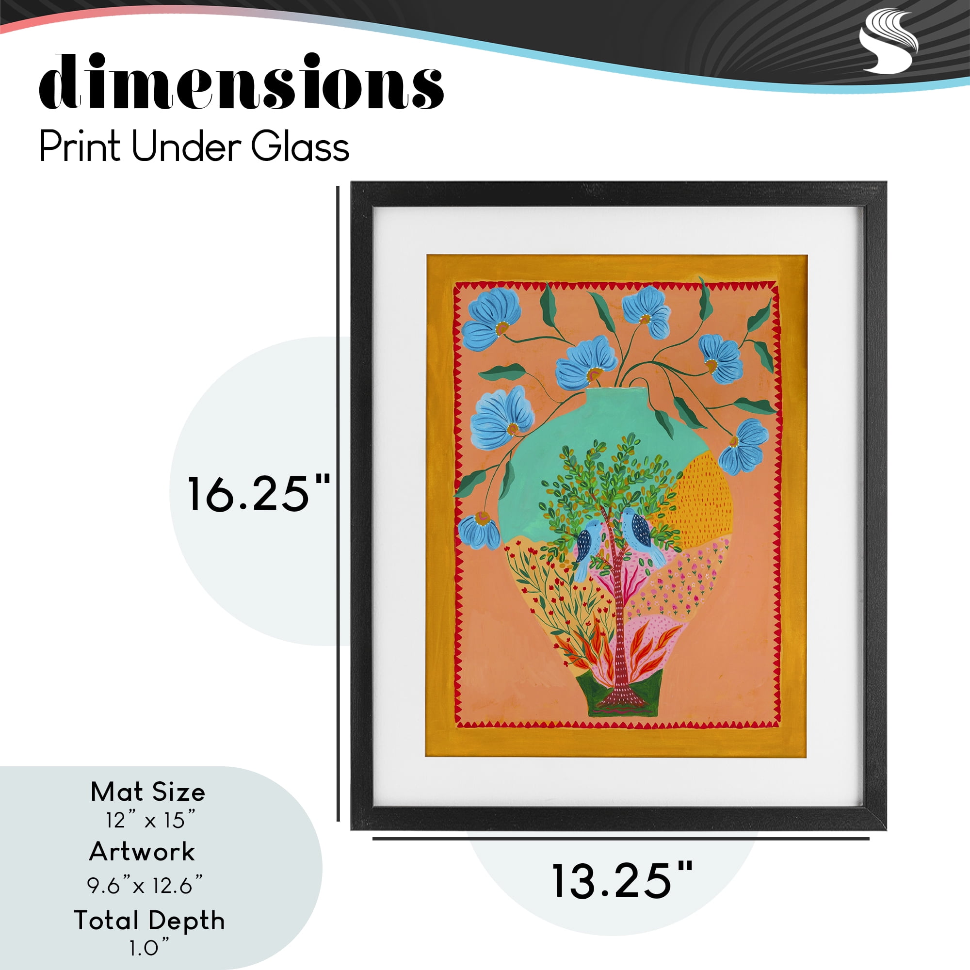 Bluebirds & Boho Flower Vase Black Framed Print Under Glass, design by Nabeela Rumi