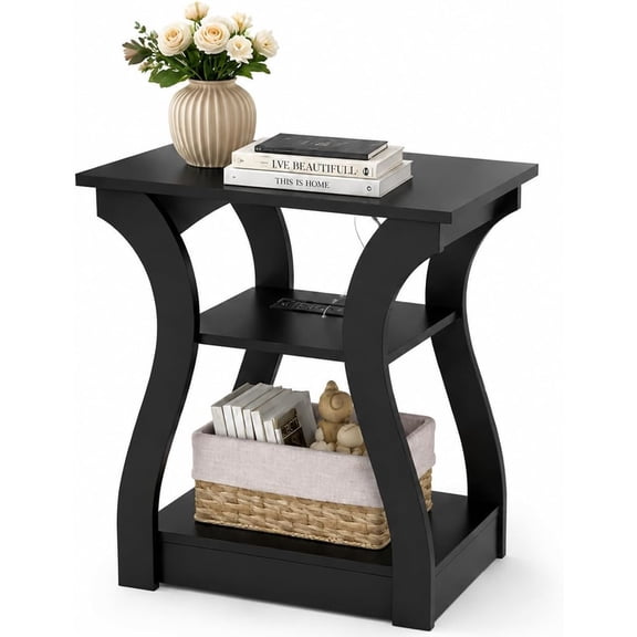 Simenmax 3-Tier Nightstand with Charging Station, Black Narrow End Table for Bedroom, Small Space Side Table with Storage Shelf
