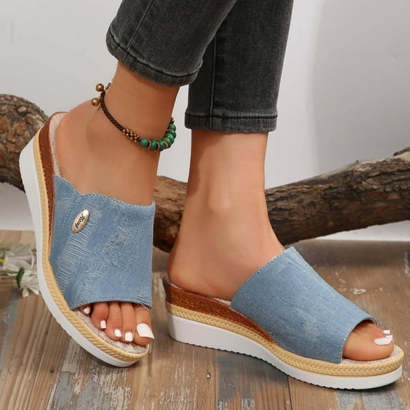 PiGOGI Women's Fish Mouth Wedge Sandals - Denim Summer Shoes - Casual Comfortable Thick-Soled Sandals with Woven Decor Light Blue