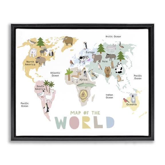 Map Of World Pastel Animals Black Framed Floater Canvas Wall Art, design by Carla Daly