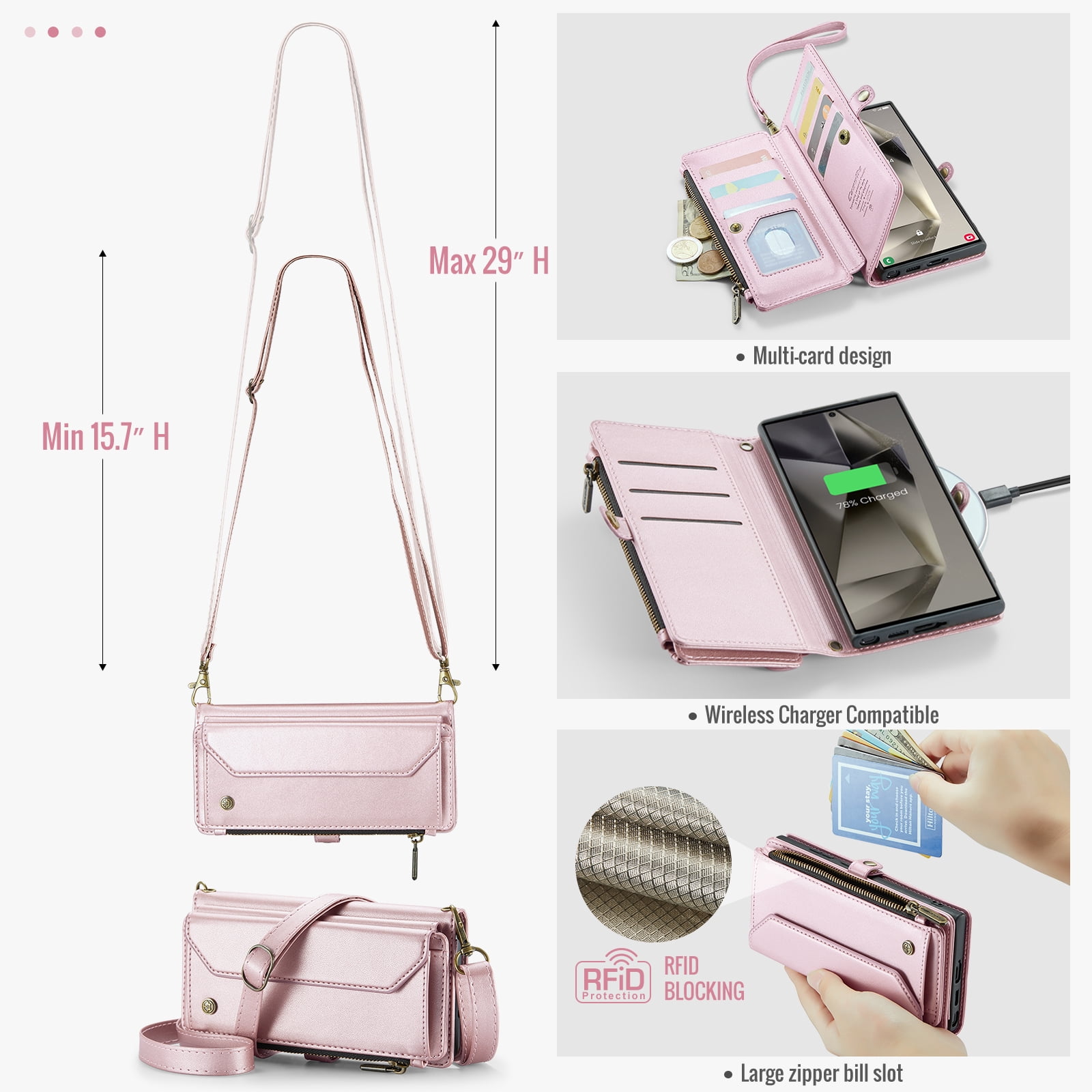 for Samsung Galaxy S22 Ultra Full Body Protection Wallet Folio Flip Case, Shoulder Strap & Wristlet Card Slots Zipper Pocket RFID Blocking Rugged Durable PU Leather Phone Case Cover, Pink