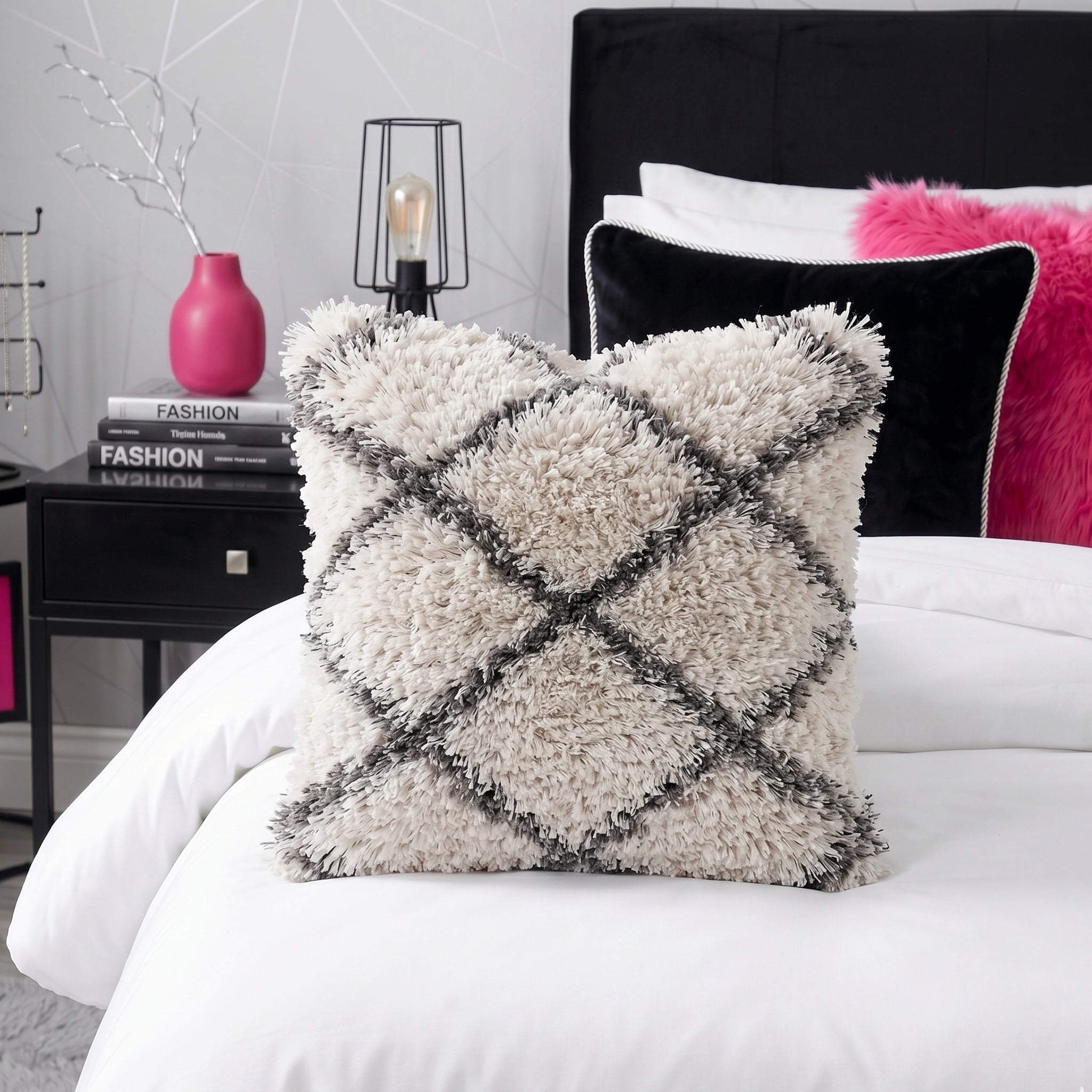 LR Home Soft Shag Diamond Criss Cross Throw Pillow