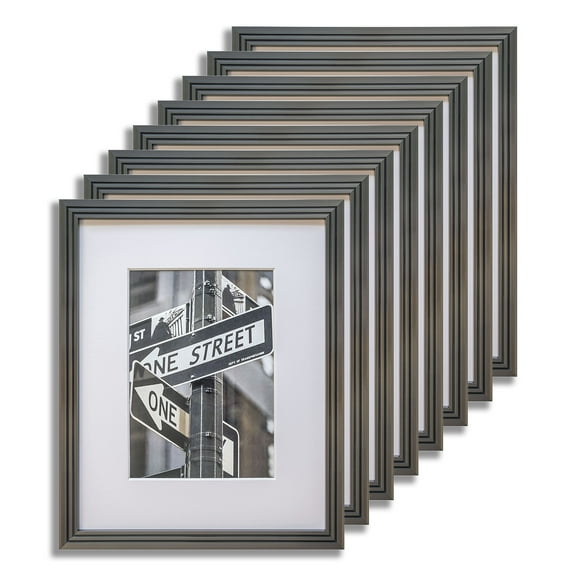 The Display Guys 8x10 Steel Grey (Gunmetal) ART DECO Picture Frames w. Mat for 5x7 (Value 8-Pack), Plexiglass 5/8" Thin Border