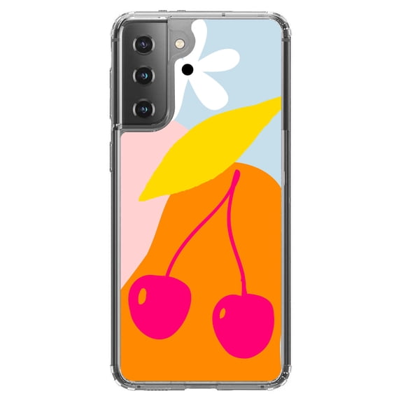 DistinctInk Clear Shockproof Hybrid Case for Galaxy S21 5G (6.2" Screen) - TPU Bumper, Acrylic Back, Tempered Glass Screen Protector - Summer Vibes Bold Cherry Pink Orange Yellow