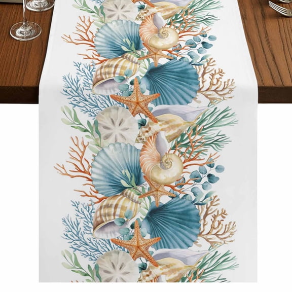 Table Runners 90 Inches Long Dress Scarves, Beach Coastal Farmhouse Coffee/Dining/Kitchen Table Runner for Living Room, Nautical Shell Starfish Coral Summer 13x90 Inch