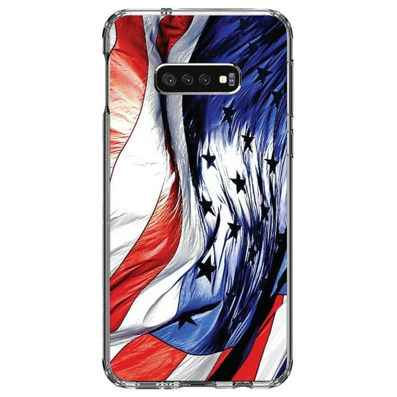 DistinctInk Clear Shockproof Hybrid Case for Samsung Galaxy S10e (5.8" Screen) - TPU Bumper, Acrylic Back, Tempered Glass Screen Protector - Red White Blue United States Flag Waving - America