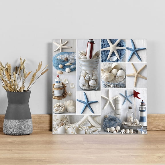 Coastal Wall Art Painting on Canvas, Summer Beach Starfish Nautical Sea Shell Canvas Art Home Prints Wall Art Framed Modern Artwork for Living Room Bedroom Wall Decor 8x8in