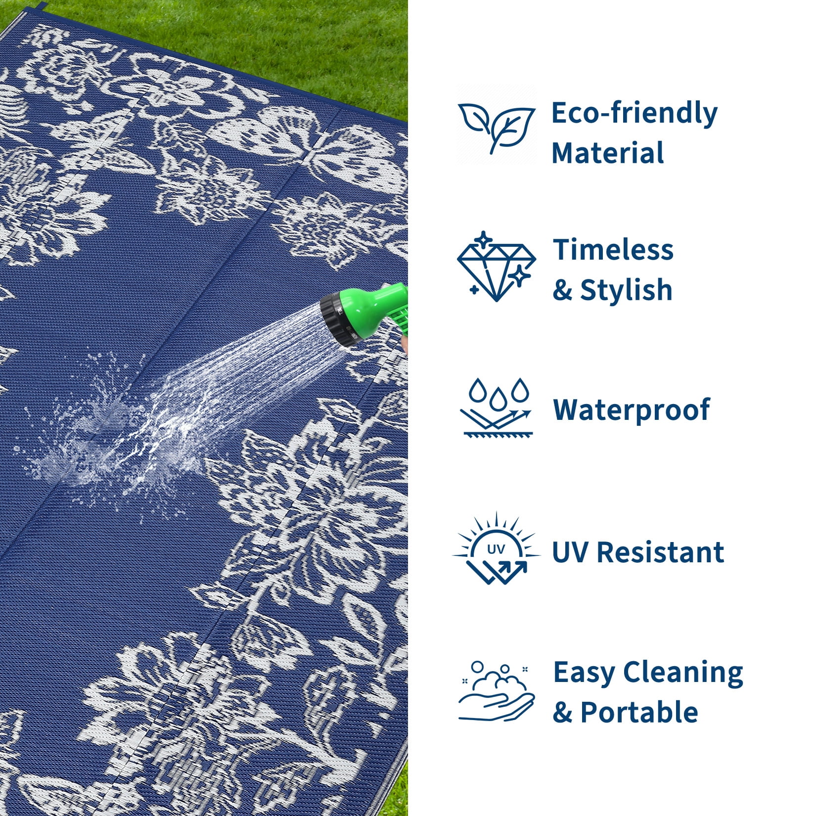 Nanan 9x12 Ft Outdoor Patio Rug, Plastic Straw Rug, Modern Waterproof Reversible Outdoor Rugs for Camping Picnic Backyard Balcony, Dark Blue