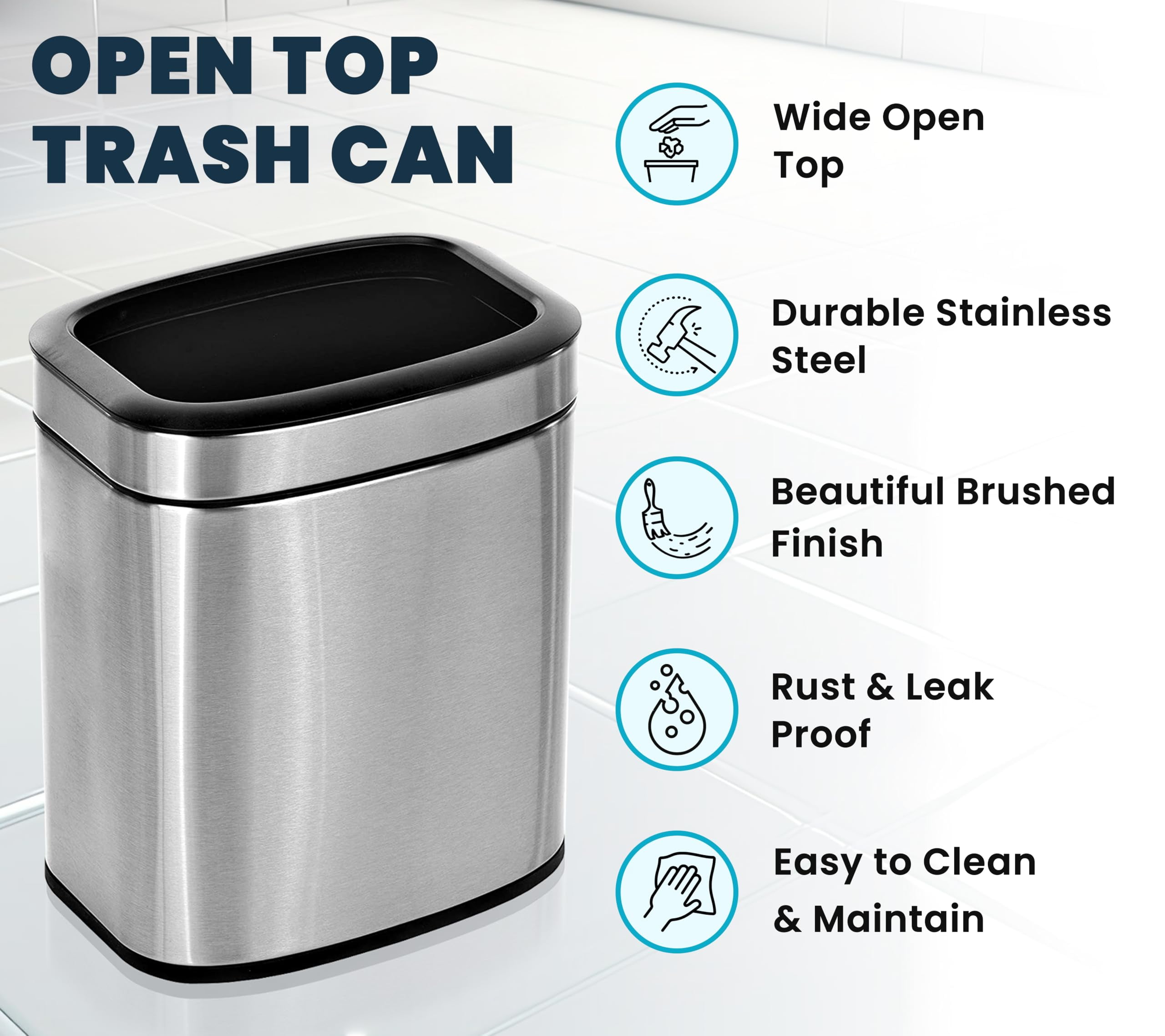 Alpine 10 Liter Small Bathroom Trash Can No Lid - Open Top SS Bathroom Trash Can 2.6 Gallon, Slim Silver Trashcans for Bedroom, Office, Desk, Kitchen with Removable Bin for Easy Disposal