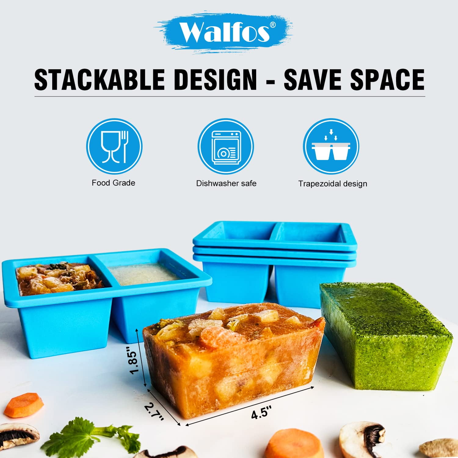 Walfos 1-Cup Silicone Freezer Molds with Lid, 4 Packs Soup Freezer Ice Cube Tray For Food, Silicone Food Freezing Container For Storing and Freezing Soup, Broth, Sauce and Ice