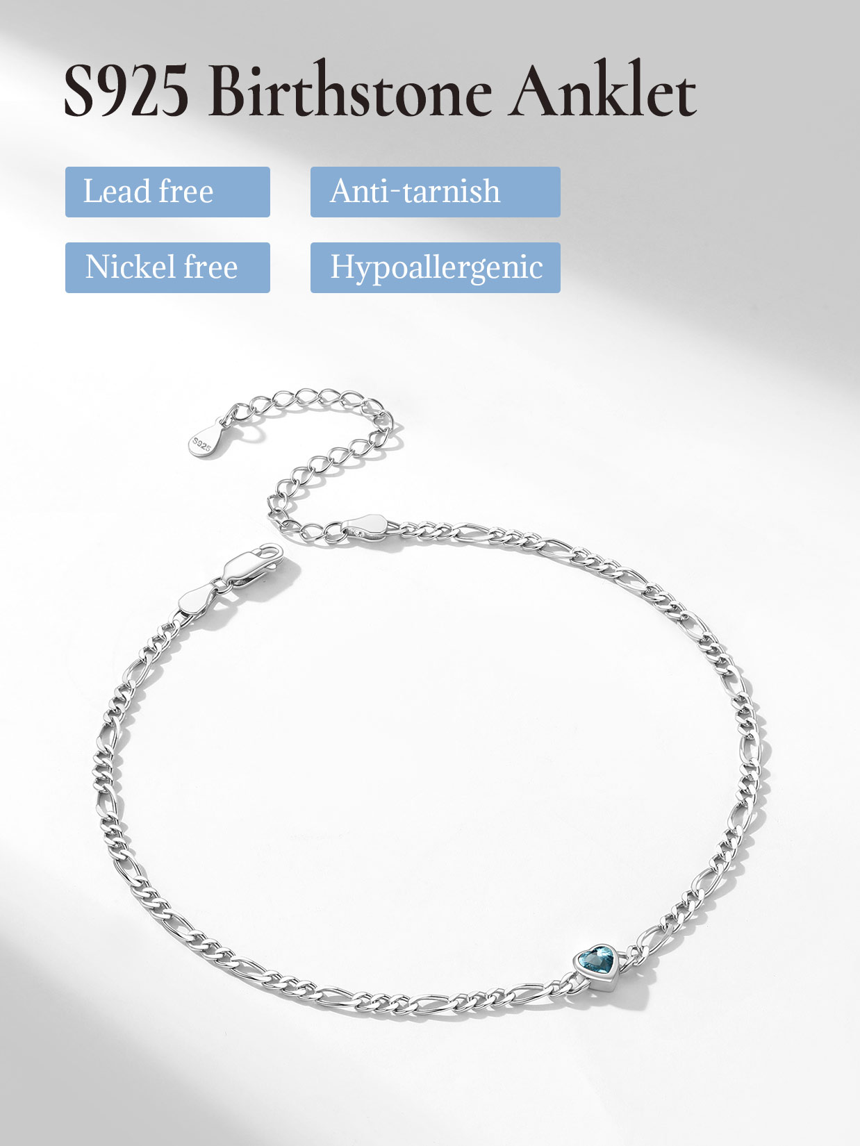 U7 Heart Anklet Bracelet for Women March Blue Aquamarine Sterling Silver Figaro Anklet Charming Summer Jewelry Gift Beach Foot Chain for Daughter