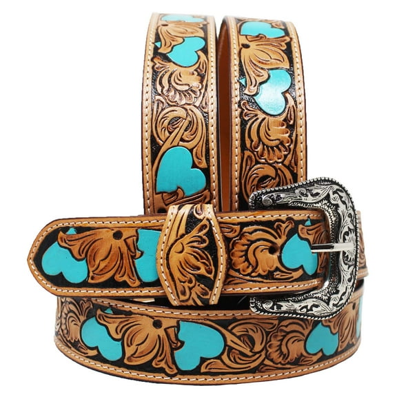 Challenger Western 1-1/2" Floral Tooled Pink Heart Full-Grain Leather Belt 26FK37TR