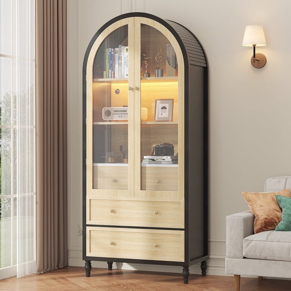 ModFurne 73" Tall Arched Kitchen Pantry Storage Cabinet， LED Lighted Morden Farmhouse Display Cabinet With Acrylic Doors, 3 Large Drawers, Brown