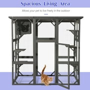Magic Union Outdoor Wooden Cat House Large Cat Enclosures Kitten Cage with Weather Protection, Cat Catio with 6 Platforms and Extra Cat Hiding,Gray