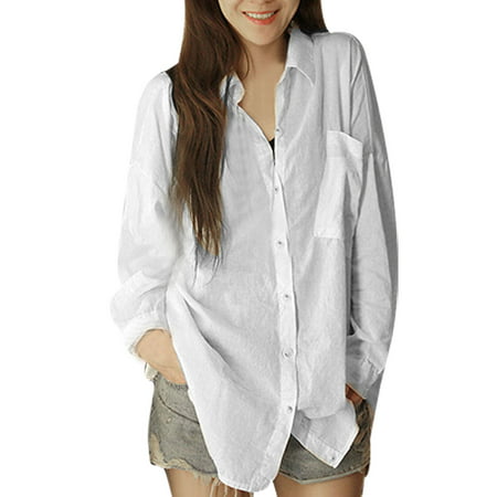Women's Button Up Long Sleeve Point Collar Shirt White (Size S / 4 ...