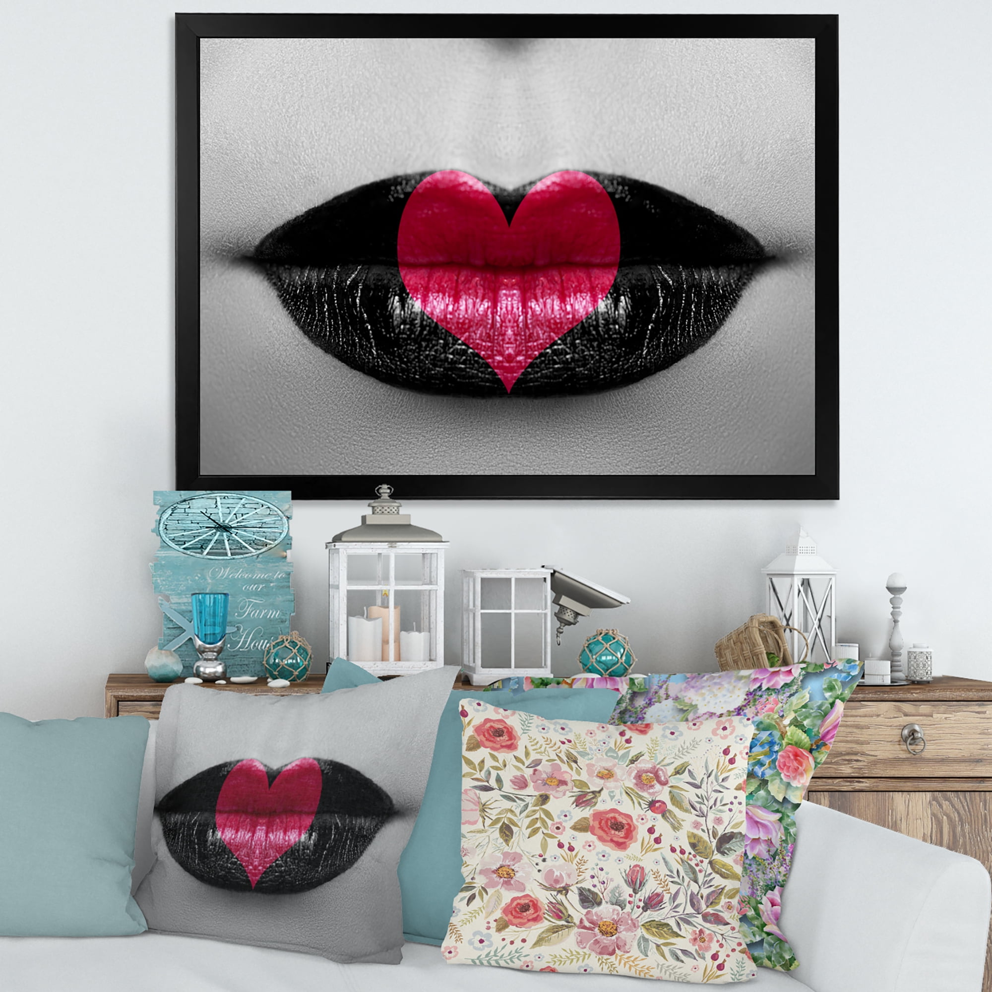 Designart 'Red Heart In Monochrome Lips' Modern Framed Art Print