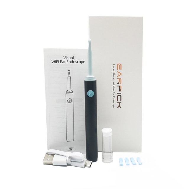 ZHAOCHENG paquete de herramienta de eliminación de cerumen con cámara para oídos, 6 luces LED y kit de limpieza de cerumen de 4 piezas, cámara para iOS y Android, negro