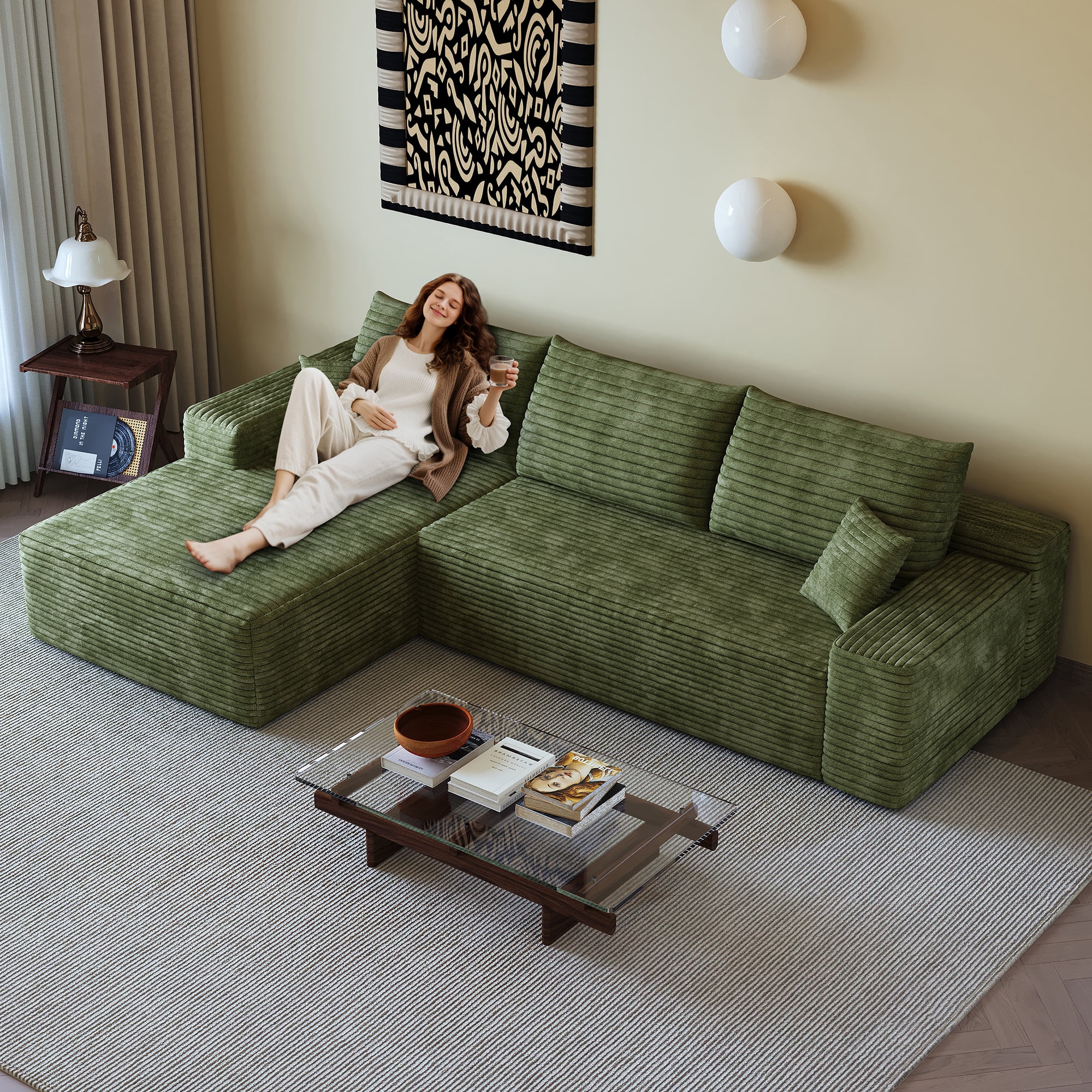 Cloud Sectional Sofa 107 Inch, L Shape Modular Couch with Deep Seat and Corduroy Fabric for Living Room, No Assembly Required, Green