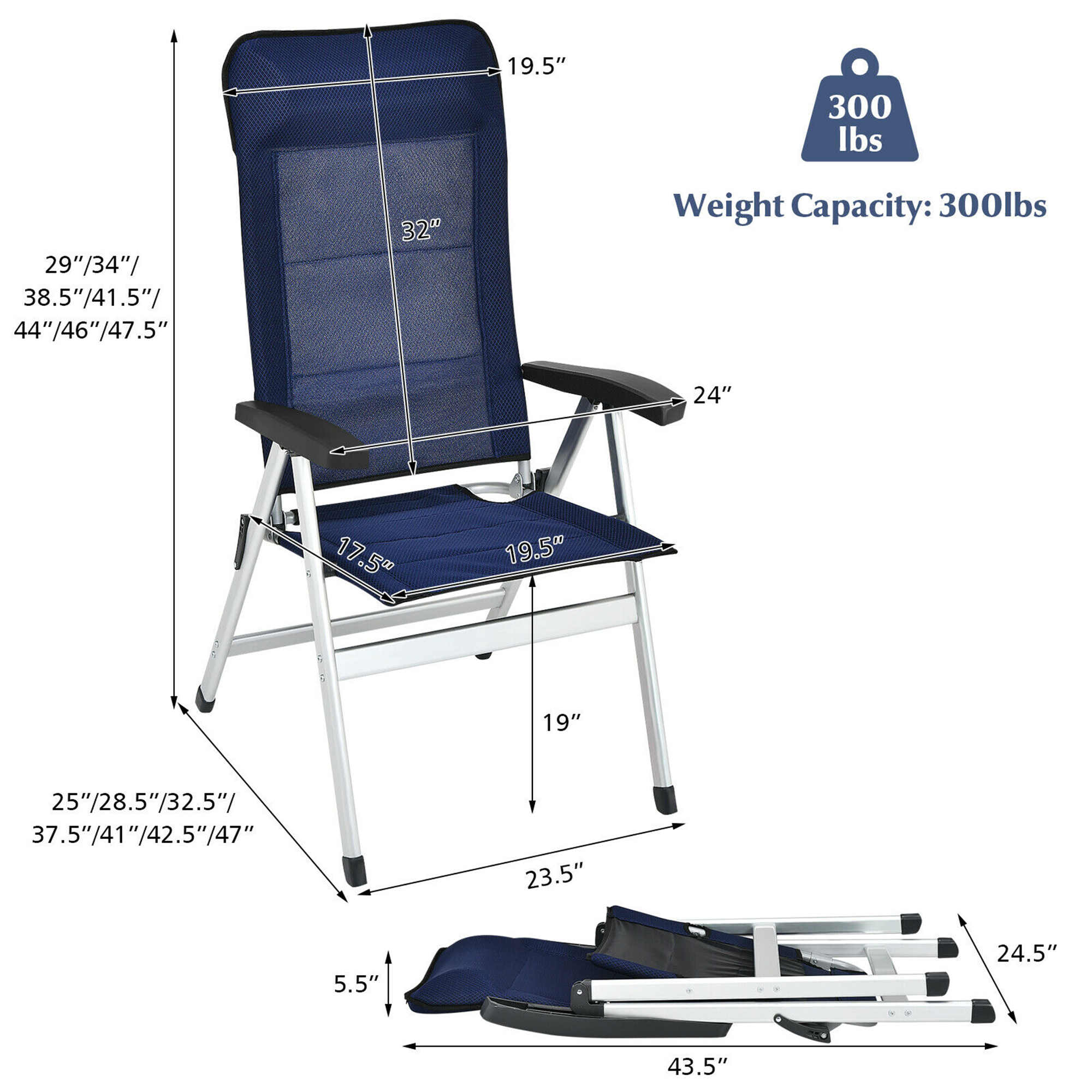 Costway 2PCS Patio Dining Chair Aluminum Camping Adjust Portable Headrest Navy - image 2 of 10
