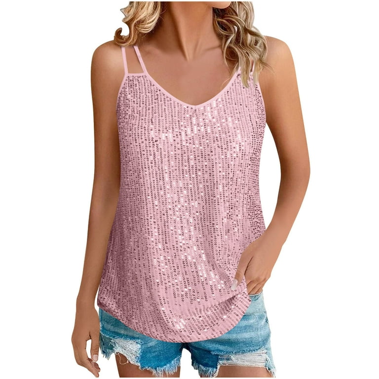 ITSAME Womens Sequin Tank Tops, V Neck Sparkly Trendy Spaghetti