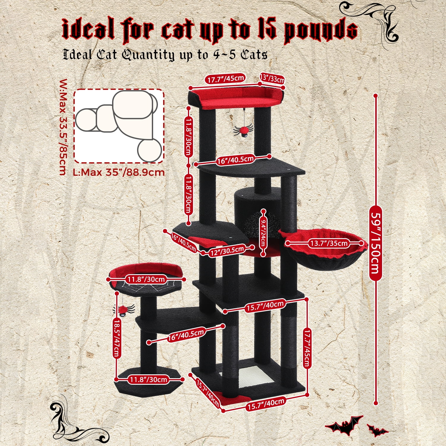 Pefilos 59" Cat Tree Tower for Indoor Cats, Multi-Level Cat Condo with 3 Removable Pompom Sticks, Cat Tree House with Hammock, Scratching Post, and 2 Perches, Black